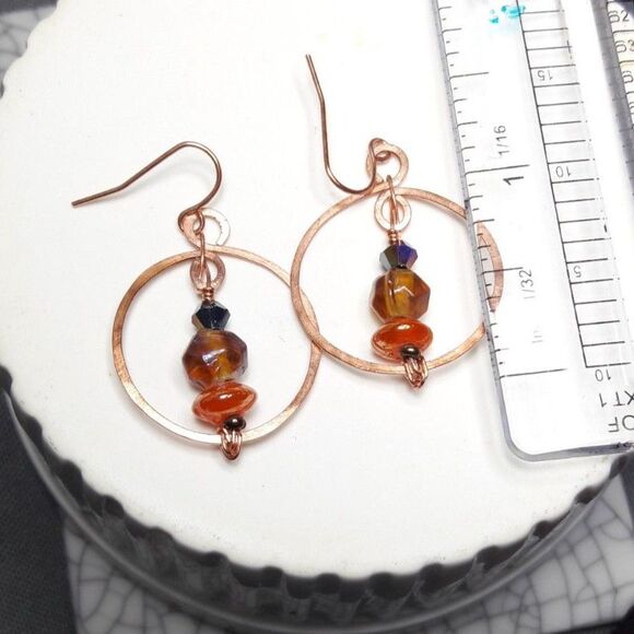 boho earrings 063#mfs Czech glass earrings beaded wire wrapped copper hoop dangl - Picture 5 of 5